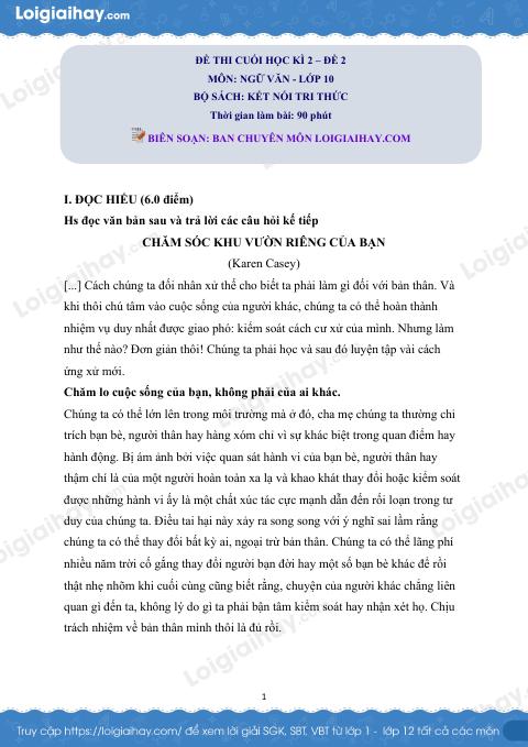 Đề thi học kì 2 Văn 10 Cánh diều - Đề số 12